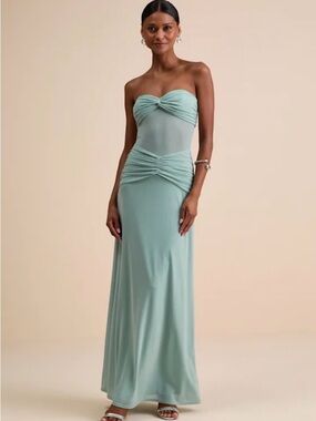 Strapless Twist-Detail Maxi Dress in Sage Blue